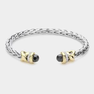 Black CZ Stone Tip Twist Rope Cable Cuff Bracelet Bangle Textured Metal Two Tone